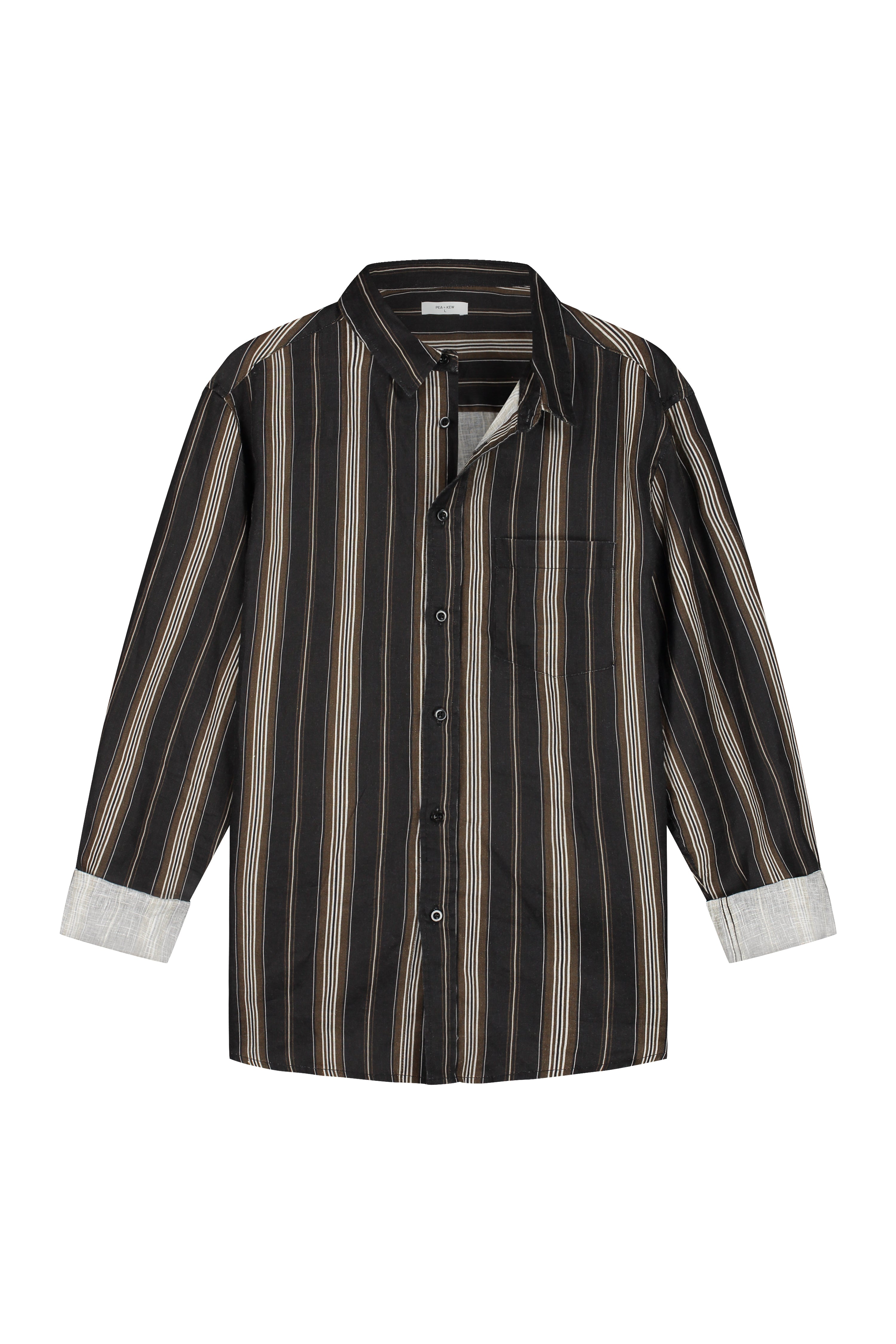 Bruin Zwart Gestreept Linnen Overhemd - Pea & Kew